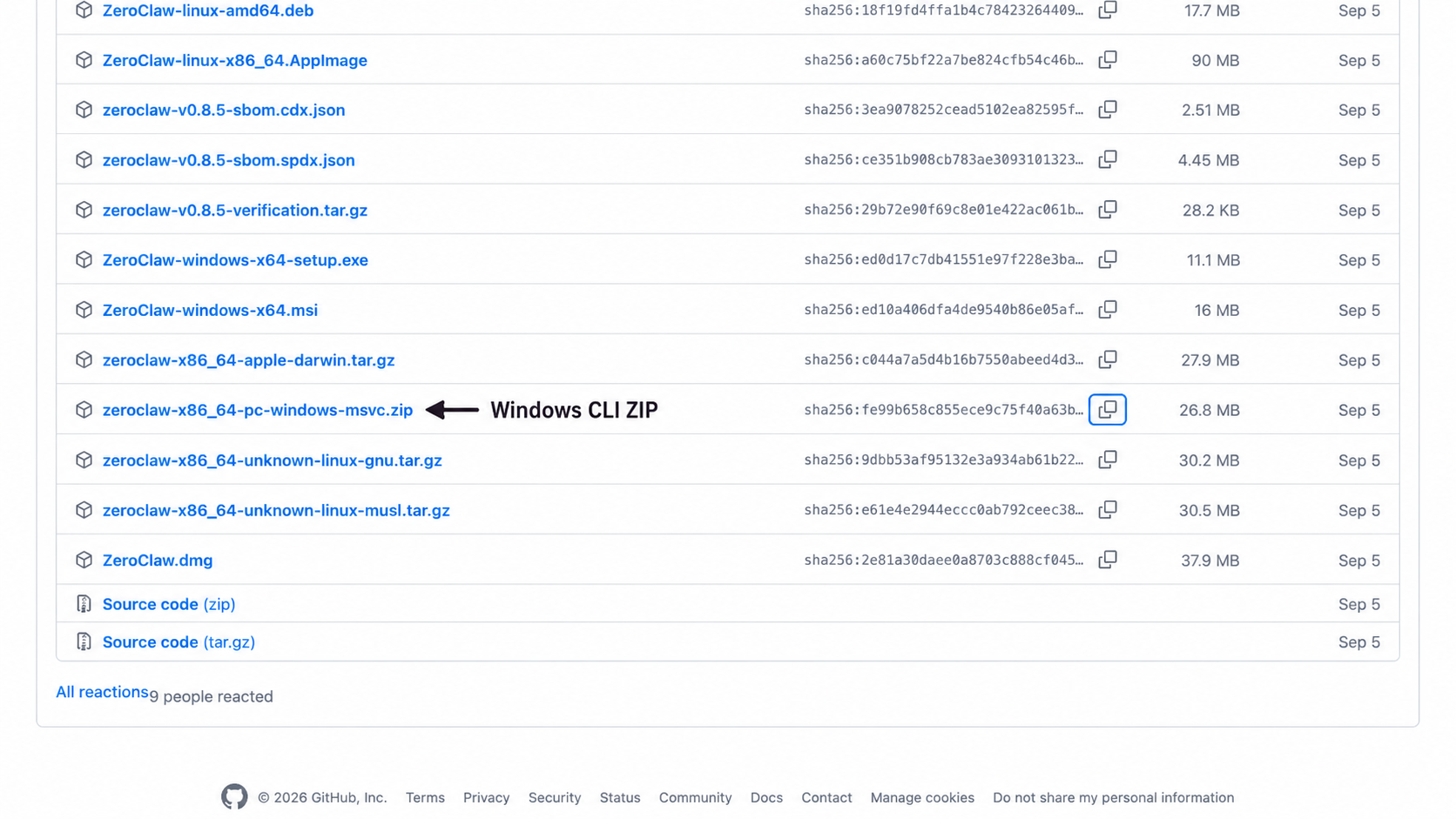 Official v0.8.5 release assets, with an arrow pointing to the Windows CLI ZIP
