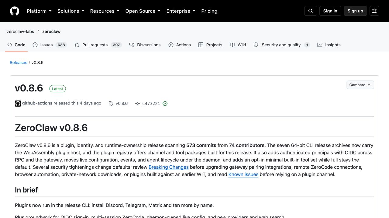 Official ZeroClaw v0.8.6 release overview