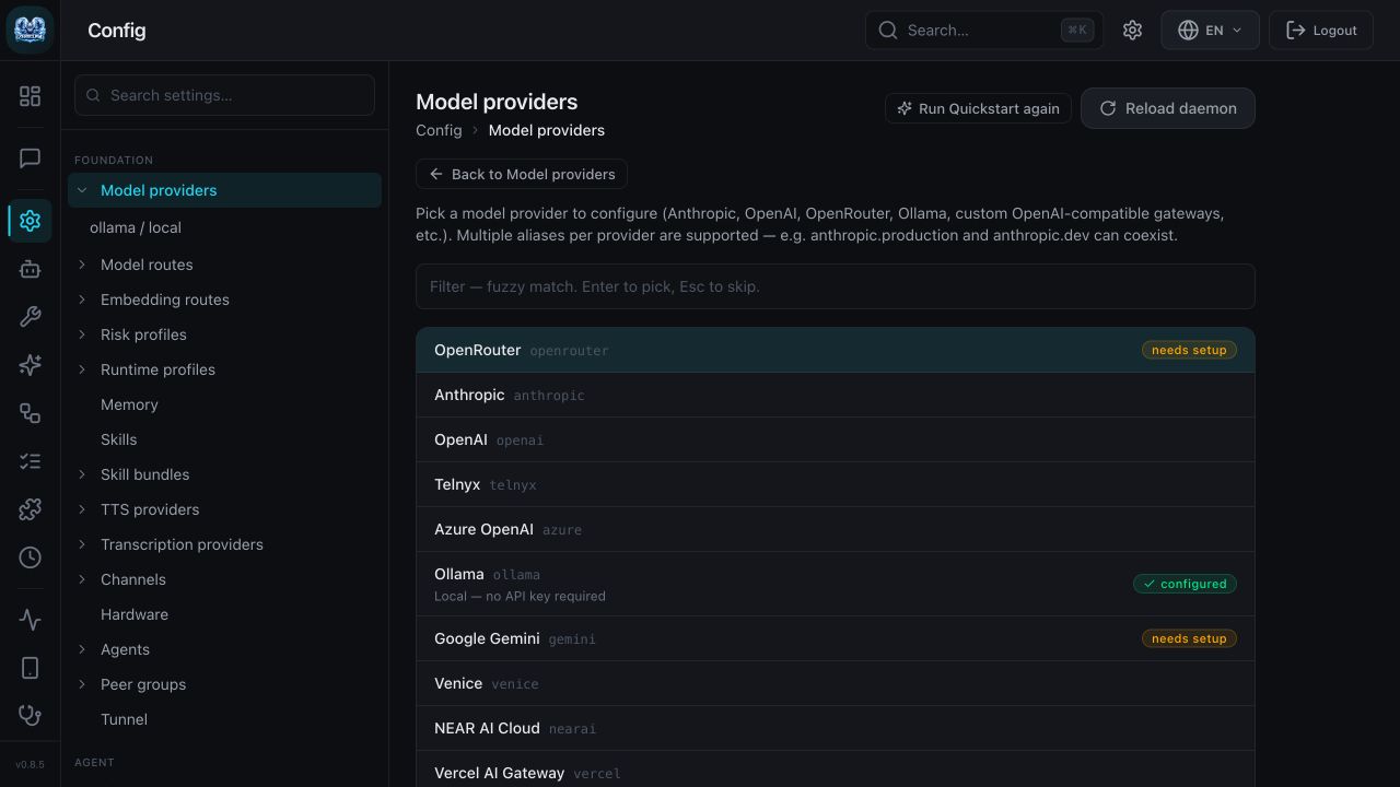 ZeroClaw provider picker showing Ollama, OpenRouter and Google Gemini