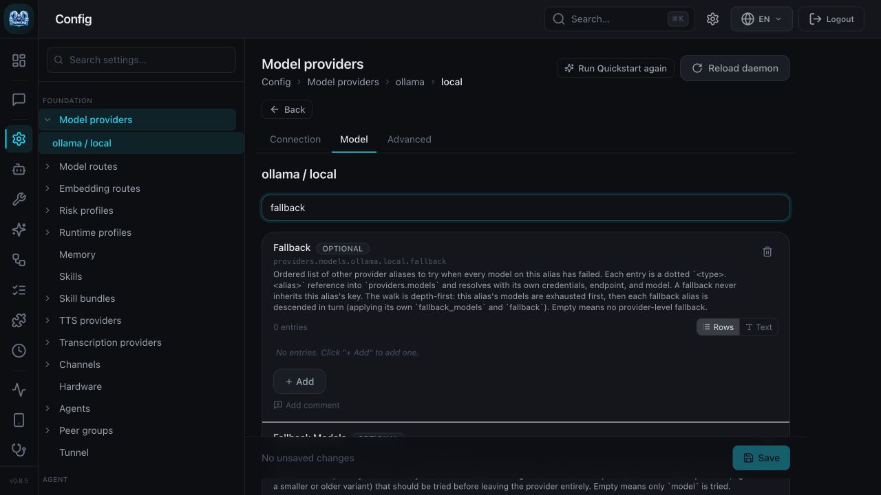 ZeroClaw model settings showing fallback controls