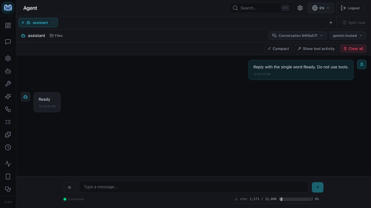 Actual Gemini response through ZeroClaw using gemini.hosted