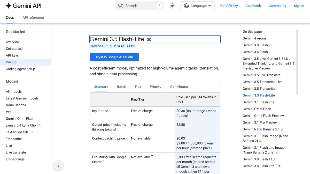 Google’s official Gemini 3.5 Flash-Lite free and paid pricing