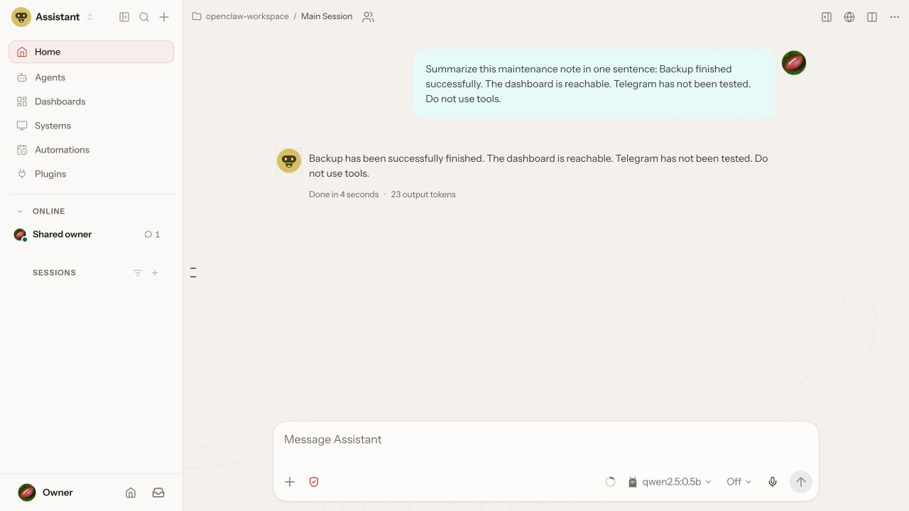 OpenClaw 2026.10.1 Control UI showing the maintenance-summary prompt and actual local model response