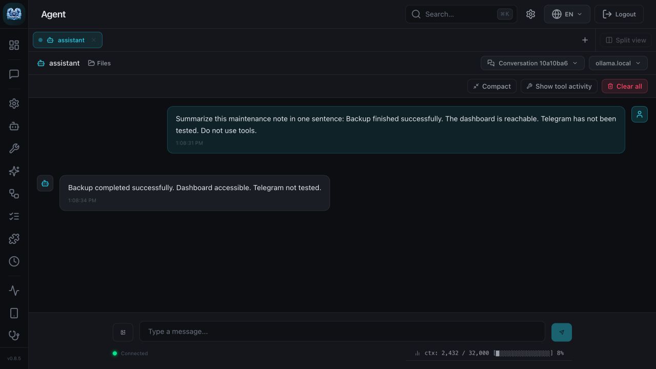 ZeroClaw 0.8.5 dashboard showing the identical maintenance-summary prompt and actual local model response