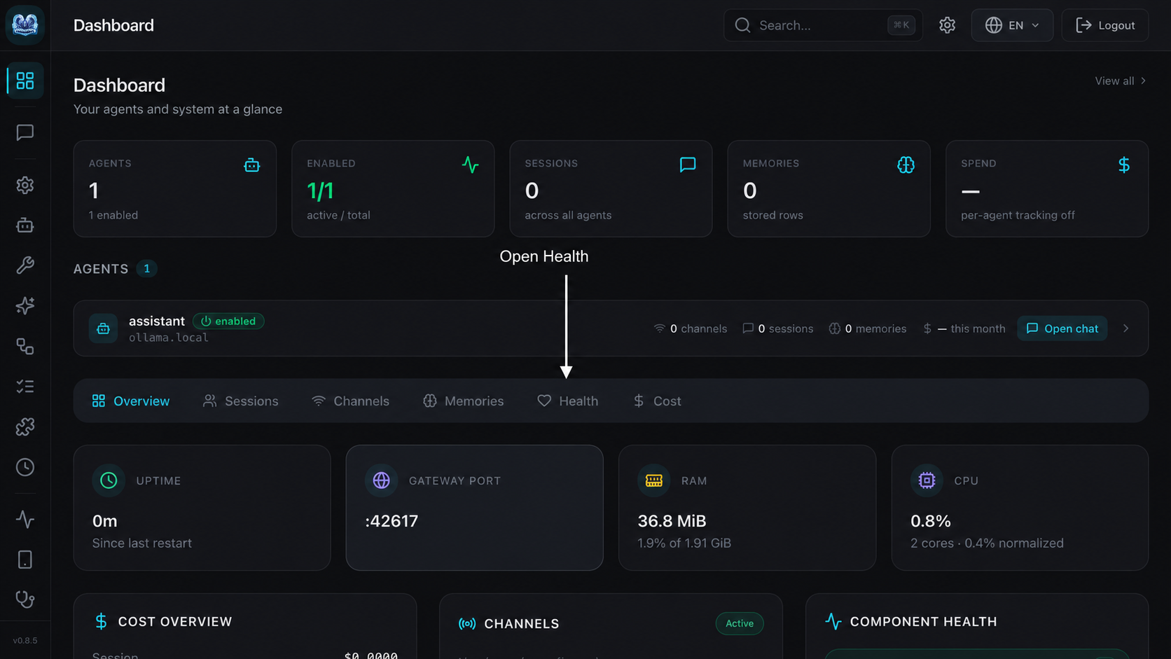 Running ZeroClaw Docker dashboard with an arrow pointing to the Health tab