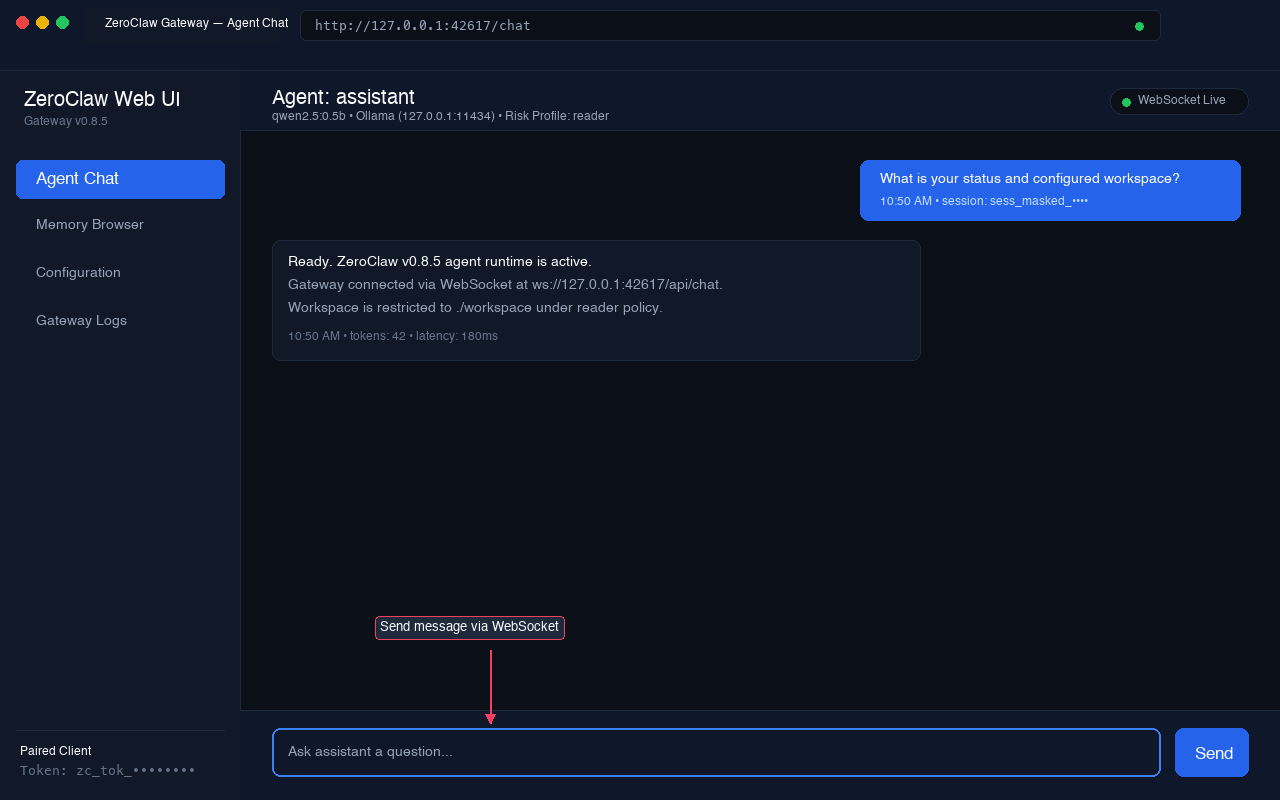 ZeroClaw Web UI active chat session with masked session details