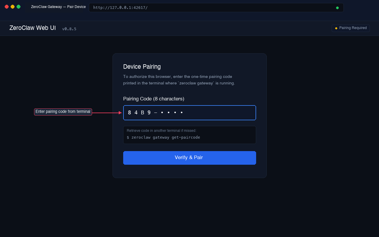 ZeroClaw Web UI pairing screen with masked pairing code